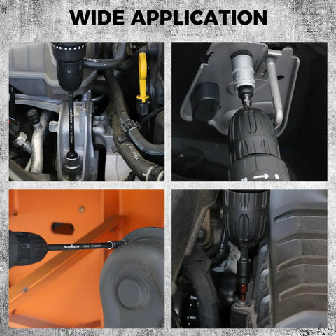 Heavy Duty Impact Socket Adapters Set For Drills in use, showing 1/4-inch hex shank converting to 3/8 and 1/2-inch sockets