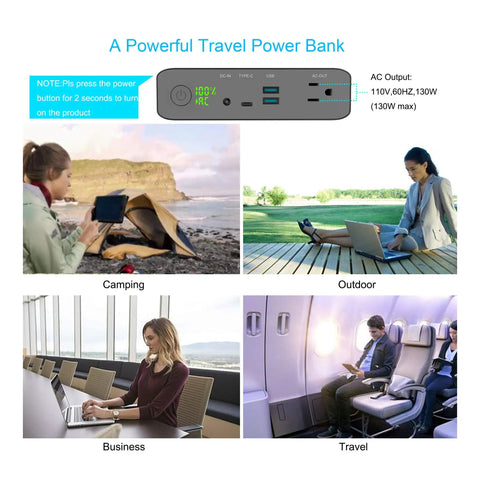 Collage of 27000mAh AC 130W Portable Laptop Charger With TSA Approval Power Bank used in camping, outdoor, business, and travel settings.