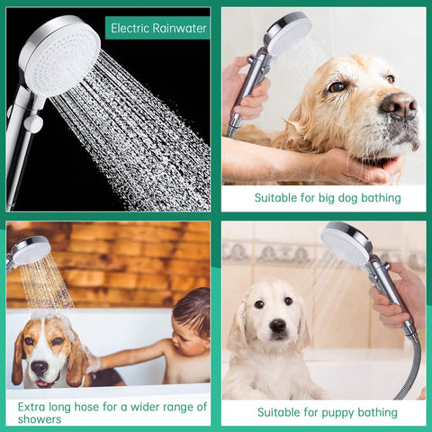 Pro Grade High Pressure Dog Shower Sprayer With 3 Modes demonstrating various pet bathing scenarios
