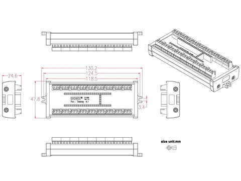 Technical drawing of Terminal Block Breakout Board Module for Teensy 4.1 with screw mount, 112 DIY solder pads, 2.54mm pitch.