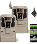 Legit Cellular Trail Camera Two Pack featuring two beige devices with antennas and a smartphone displaying images for wildlife scouting.
