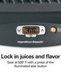 Hamilton Beach Steak Lover Electric Indoor Grill control panel showing searing temperature settings for perfect cooking.