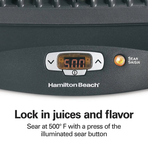 Hamilton Beach Steak Lover Electric Indoor Grill control panel showing searing temperature settings for perfect cooking.