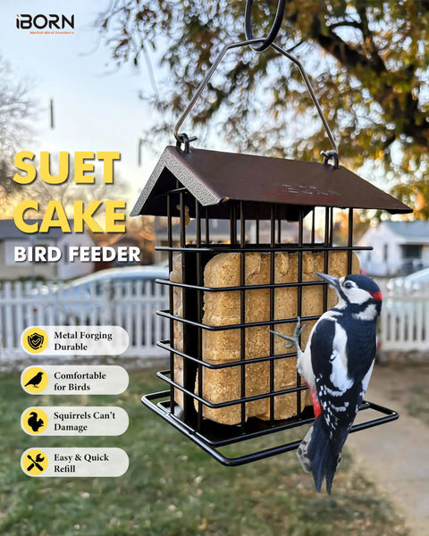 Outdoor Suet Feeder With Squirrel Proof Hook For Birds All Metal Roofed Cage Feeder Weatherproof Backyard Woodpecker Friendly