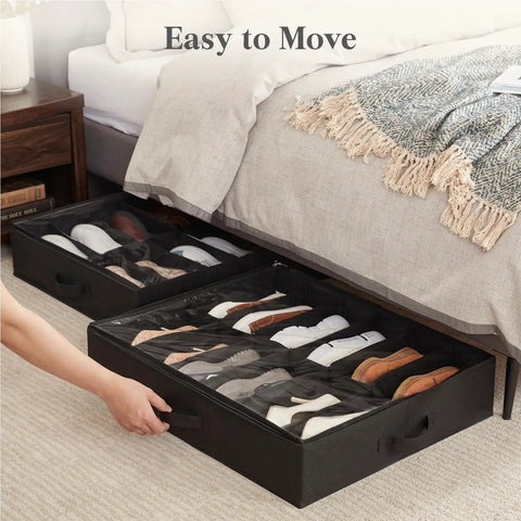 Under Bed Shoe Storage Organizer Two Pack With Clear Viewing Window Low Profile Fabric Closet Bin For Sneakers And Everyday Kicks Foldable Design Sturdy Handles Small Space Saver Fix