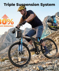 Folding Electric Bike With Peak 750W Power, All Terrain E Bike With 48V Removable Battery, Speeds Up To 25 MPH And Range Of 50 Plus Miles, Dual Disc Brakes And Full Suspension For City Streets And Trails, rider on rocky trail
