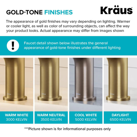 Gold-tone finishes of the Spot Resistant Brushed Brass Pull Down Kitchen Faucet under different lighting conditions.