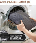 Hands placing laundry bag from 10 Piece And 8 Piece Packing Cubes Set For Travel Essentials Anti Wrinkle Buckled Suitcase Organizer into washer