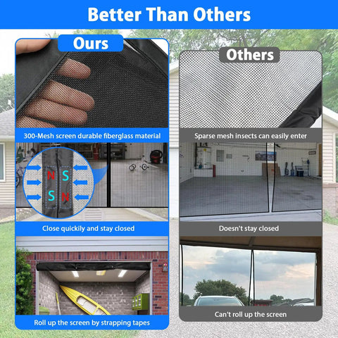 Comparison showing Two Car Garage Door Screen 16x7 Feet 300 Mesh Keeps Dust Out While Letting Fresh Air In Heavy Duty Magnetic Seal