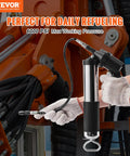 6000 PSI Air Powered Grease Gun For Heavy Duty Lubrication, 14 Oz Load shown held by hands with mechanical backdrop.