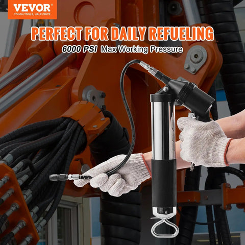 6000 PSI Air Powered Grease Gun For Heavy Duty Lubrication, 14 Oz Load shown held by hands with mechanical backdrop.
