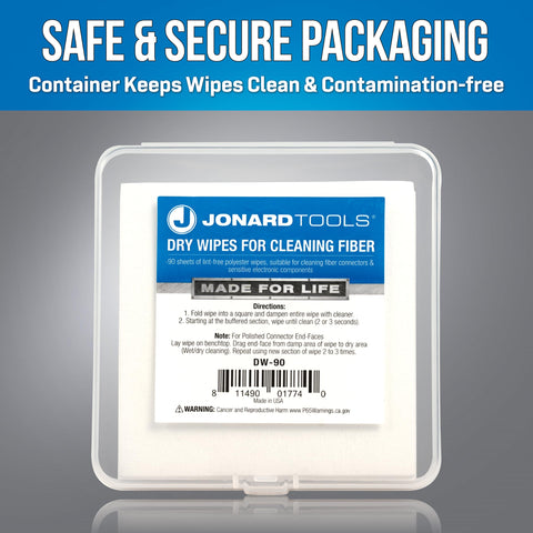 90 Count Dry Wipes For Cleaning Bare Fiber, Connector End Faces, And Electronic Components in a protective jar