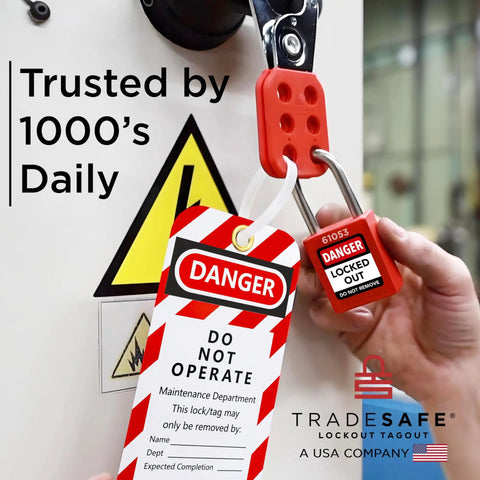 Image of OSHA Compliant Pro Grade Electrical Lockout Tagout Kit With 34 Devices All In One Bundle Includes Hasps Clamp On And Universal Circuit Breaker Lockouts Tags Plug Lock Loto Locks Set Red Carrying Bag, featuring red padlock and danger tag in use.