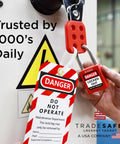 Electrical Lockout Tagout Kit For Circuit Breakers Ready To Roll 120 277V To 480 600V With Hasps Tags And Carrying Bag OSHA Compliant LOTO Set Includes 25 Devices Keyed Different Locks For Hazardous Energy Control padlock and danger tag