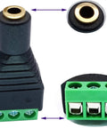 Three Point Five Mm Female To Three Pin Screw Terminal Stereo Audio Balun Adapter Five Pack Solderless Double Track Y Splitter For Headphones And Microphones No Sweat Setup Black showing terminal connections and adapter end.