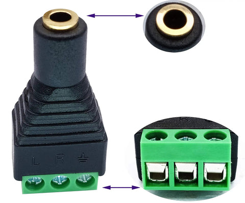 Three Point Five Mm Female To Three Pin Screw Terminal Stereo Audio Balun Adapter Five Pack Solderless Double Track Y Splitter For Headphones And Microphones No Sweat Setup Black showing terminal connections and adapter end.