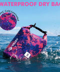 Waterproof Dry Bag 5L Roll Top Backpack for kayaking, purple camo float, puncture resistant, in water with visible PVC material.