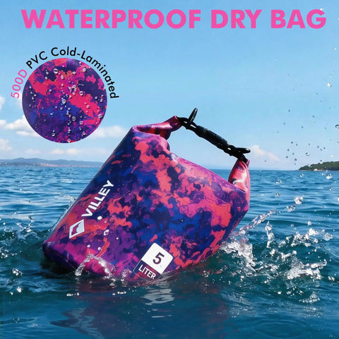 Waterproof Dry Bag 5L Roll Top Backpack for kayaking, purple camo float, puncture resistant, in water with visible PVC material.