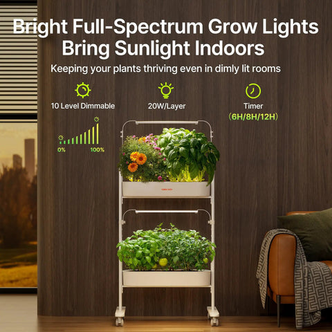 2 Tier Indoor Hydroponics Growing System Kit with 24 Pods and Full Spectrum Grow Lights in use
