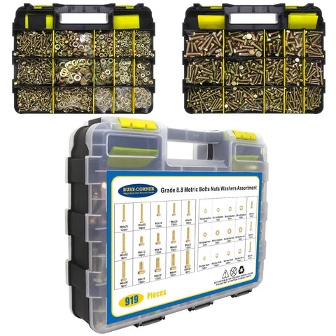 Top Shelf Built Tough Metric Bolt And Nut Assortment 919 Piece Set M4 M5 M6 M8 in organizer with compartments for auto repair.