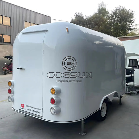 Heavy Duty Polished Mirror Food Trailer With Foldout Awning Fully Customizable Layout, back view showing sleek design and lights.