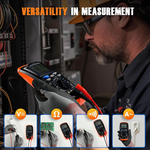 Technician using Digital Multimeter Voltage Tester 2000 Counts For ACDC to measure electrical circuit in an industrial setting.