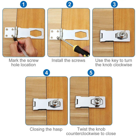 Installation steps showing Heavy Duty Keyed Hasp Locks With Screws 4 Inch Safety Hasp With Lock Metal Twist Knob Keyed Locking Hasp Set Silver Finish 4 Pack To Lock Down Doors Cabinets Toolboxes Gates Outdoor Gear