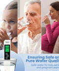 Three people drinking water next to a 4 In 1 TDS Meter Digital Water Tester With EC and Temperature readout for quality assurance.