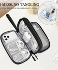 Open Travel Cable Organizer Pouch For Electronics Gear Accessories Carry Case Portable Waterproof Dual Layer All In One Storage Bag For Cords Chargers Phones Earbuds Black showing neatly stored devices and cables.