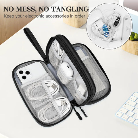 Open Travel Cable Organizer Pouch For Electronics Gear Accessories Carry Case Portable Waterproof Dual Layer All In One Storage Bag For Cords Chargers Phones Earbuds Black showing neatly stored devices and cables.