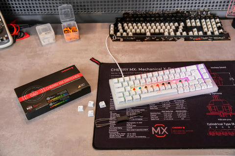 Mx2a Experience Box 10 Piece Mechanical Keyboard Switch Sample Tester For Diy Hot Swap Gaming Keyboards on desk with switches and keyboard