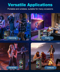 Collage of 160W Peak Bluetooth Party Speaker in various settings: dancing, party, karaoke, and leisure by a campfire.