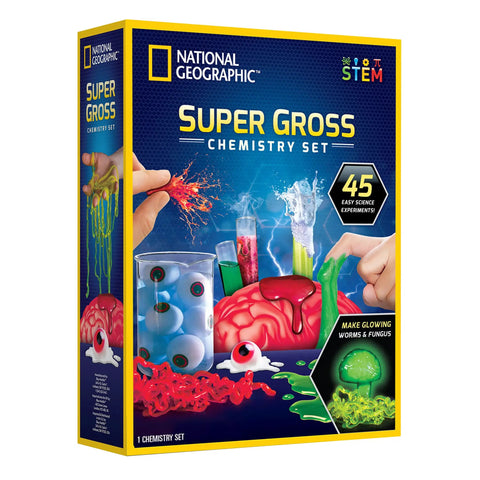 Kid-Friendly Arts And Crafts And Gross Science Kit Bundle For Kids With Mosaic Art Marble Painting Air Dry Pottery Projects And 45 Hands-On Experiments For Creative STEM Learning Fun. National Geographic Super Gross Chemistry Set box with 45 experiments
