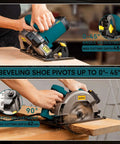 Front view of Enventor corded circular saw with blue-green body and laser guide; bevel 0-45°, depth 48mm