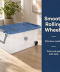 2 Pack 160 Quart Heavy Duty Rolling Storage Bins With Clear Transparent Walls And Tough Latching Lids For Smooth Glide Action, showcasing smooth wheels.