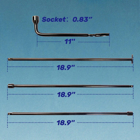 Spare Tire Tool Kit With Jack Handle And Lug Wrench For SUVs And Trucks Heavy Duty Steel dimensions on blue background