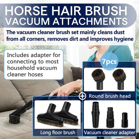 Seven Piece Horse Hair Vacuum Attachment Set With Round Dusting Brush Attachments And Adapters For Most Vacs product display