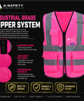 Dope Bright Pink Hi Vis Reflective Safety Vest With Front Zipper And Radio Mic Loop Lightweight Polyester Workgear Built Tough And Ready For The Daily Grind, featuring reinforced zipper and utility pockets.