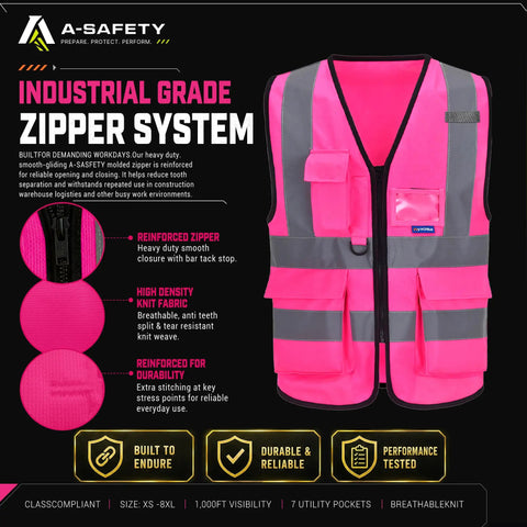 Dope Bright Pink Hi Vis Reflective Safety Vest With Front Zipper And Radio Mic Loop Lightweight Polyester Workgear Built Tough And Ready For The Daily Grind, featuring reinforced zipper and utility pockets.