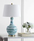 Green And White Striped Ceramic Table Lamp For Bedroom And Living Room Coastal Modern Bedside Light With Gold Base And White Linen Shade LED Bulb Included Measures 30.5 Inches Tall