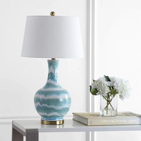 Green And White Striped Ceramic Table Lamp For Bedroom And Living Room Coastal Modern Bedside Light With Gold Base And White Linen Shade LED Bulb Included Measures 30.5 Inches Tall