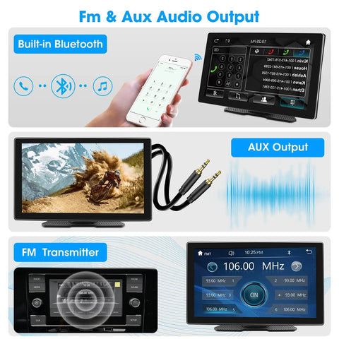 Wireless Apple CarPlay And Android Auto Portable Dash Screen with Bluetooth FM AUX car audio features displayed