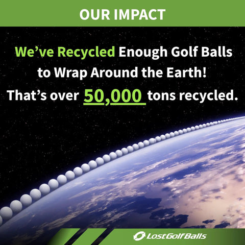 Image showing Earth with a line of golf balls wrapping around, highlighting recycled ball impact by LostGolfBalls.
