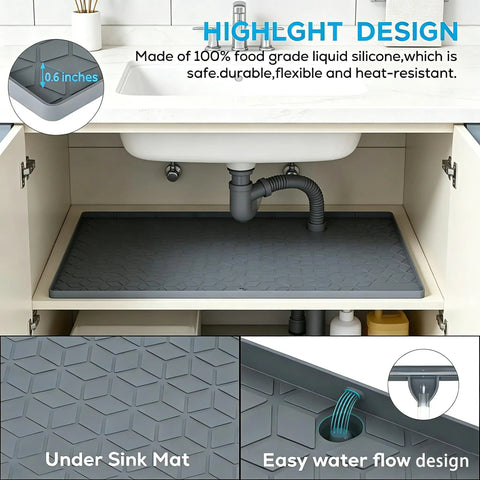 Heavy Duty Silicone Under Sink Mat 14 X 22 Inches With Drain Holes For Kitchen Cabinets And Counters, flexible and waterproof mat in use.