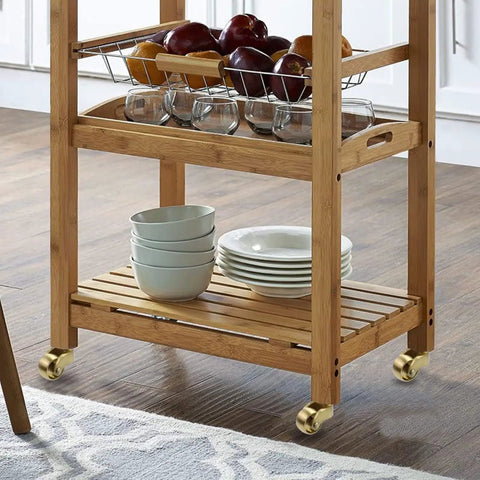 Badass Solid Brass Swivel Casters For Floor Mats Set Of 4 on a storage cart with fruit and glass items.