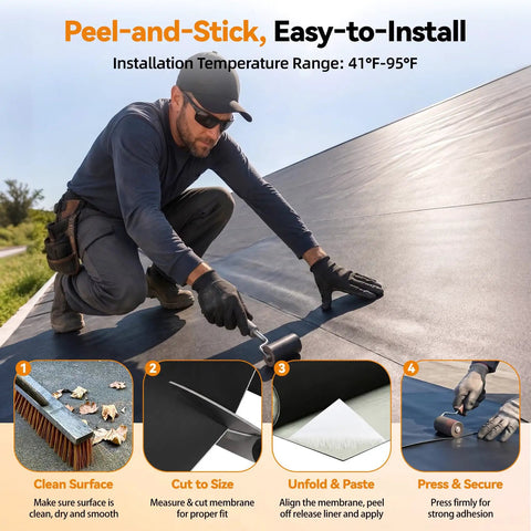 Installation of Self Adhesive Epdm Rubber Roofing Membrane 51 Mil Black Peel And Stick Roof Underlayment For Flat Roofs by a worker using a roller.