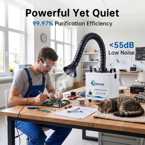 Pro Grade Soldering Fume Extractor With 3-Stage Filtration in workshop, man soldering with low noise efficiency.