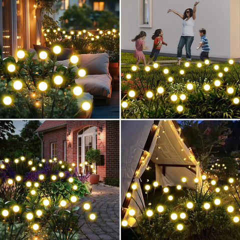 Solar Garden Lights Outdoor 4 Pack Firefly Swaying Lights Waterproof Garden Decor illuminating patio and lawn at night
