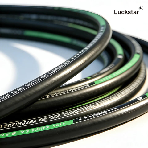 Luckstar hydraulic hoses, multiple black coils with green stripes and white printed markings