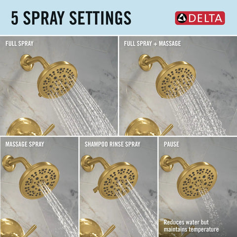 Clean Brushed Gold Five Setting Bathtub And Shower Faucet Set With Powerful Rainfall Shower Head And Easy Grip Handle Trim Valve Fixture Rough Sold Separate Totally Fresh Bathroom Upgrade Vibe